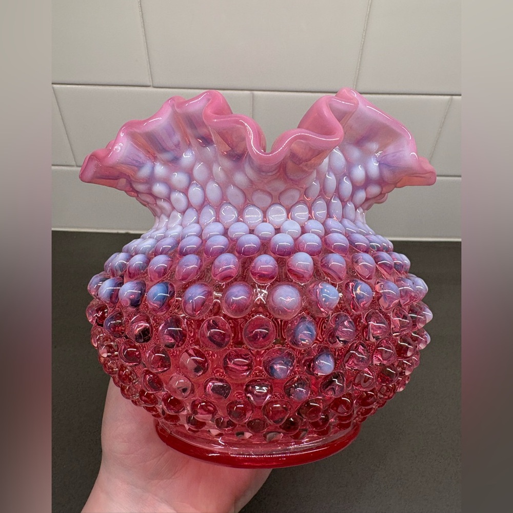 Fenton Cranberry Opalescent Hobnail Rose Bow